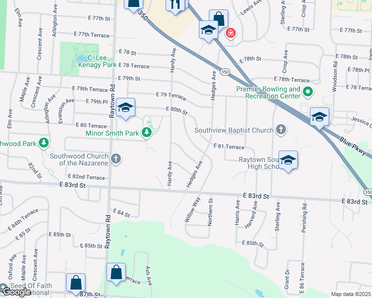 map of restaurants, bars, coffee shops, grocery stores, and more near 10510 East 81 Terrace in Raytown