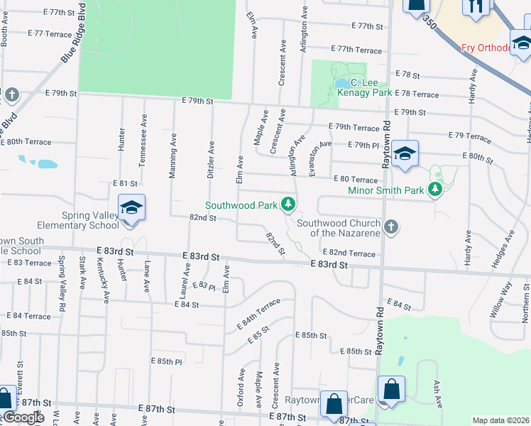 map of restaurants, bars, coffee shops, grocery stores, and more near 9404 82nd Street in Raytown