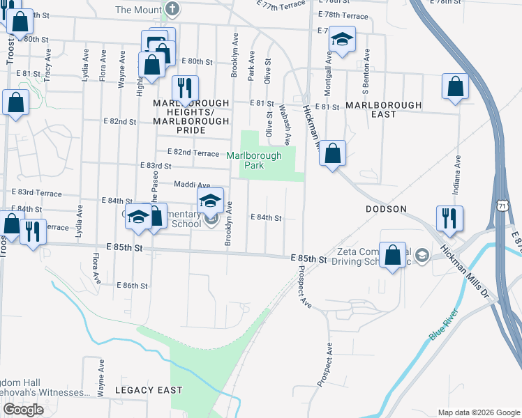 map of restaurants, bars, coffee shops, grocery stores, and more near 8401 Olive Street in Kansas City