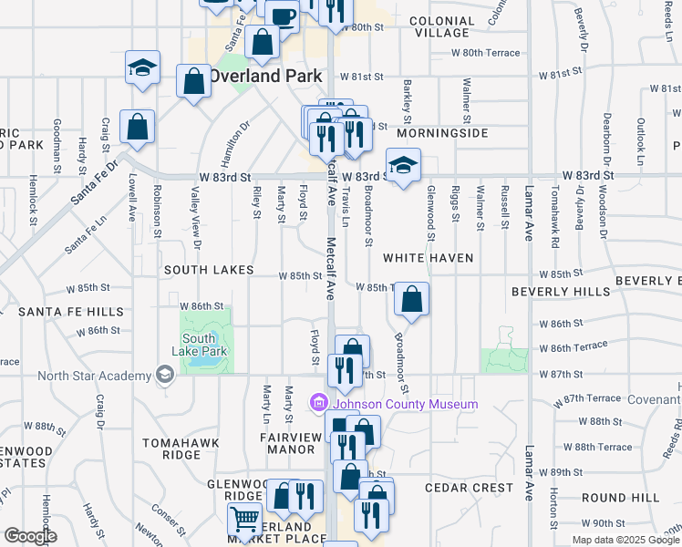 map of restaurants, bars, coffee shops, grocery stores, and more near 6900 West 85th Terrace in Overland Park