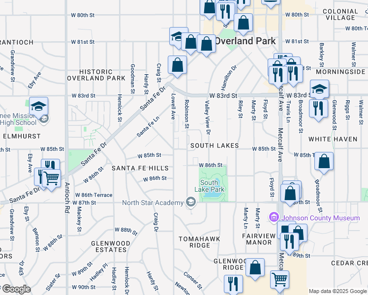 map of restaurants, bars, coffee shops, grocery stores, and more near 8509 Robinson Street in Overland Park