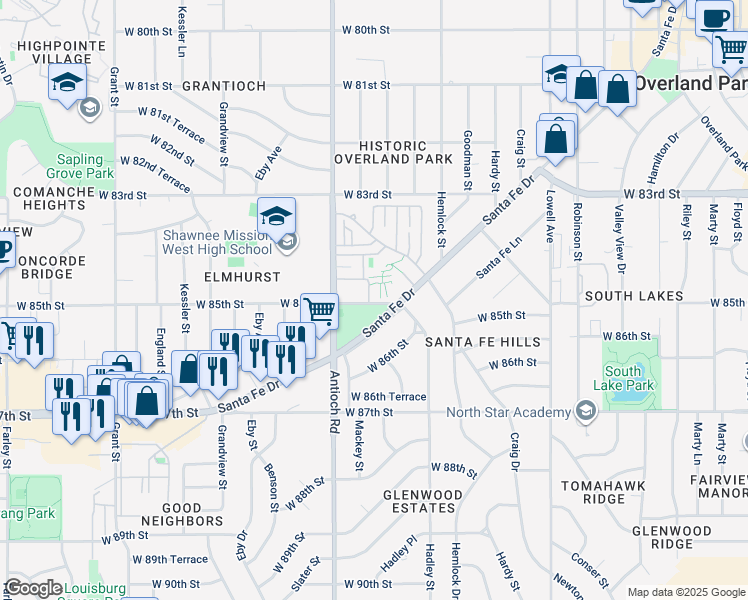 map of restaurants, bars, coffee shops, grocery stores, and more near 8500 Santa Fe Drive in Overland Park