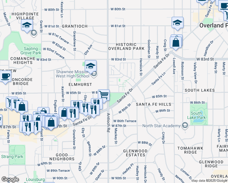 map of restaurants, bars, coffee shops, grocery stores, and more near in Overland Park