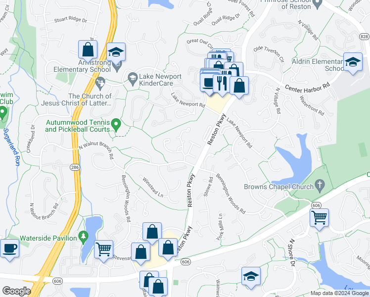 map of restaurants, bars, coffee shops, grocery stores, and more near 11796 Bayfield Court in Reston