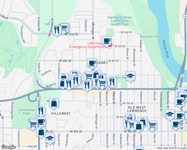 map of restaurants, bars, coffee shops, grocery stores, and more near 500 Michigan Street in Lawrence