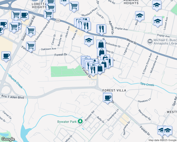 map of restaurants, bars, coffee shops, grocery stores, and more near 1912 Forest Drive in Annapolis