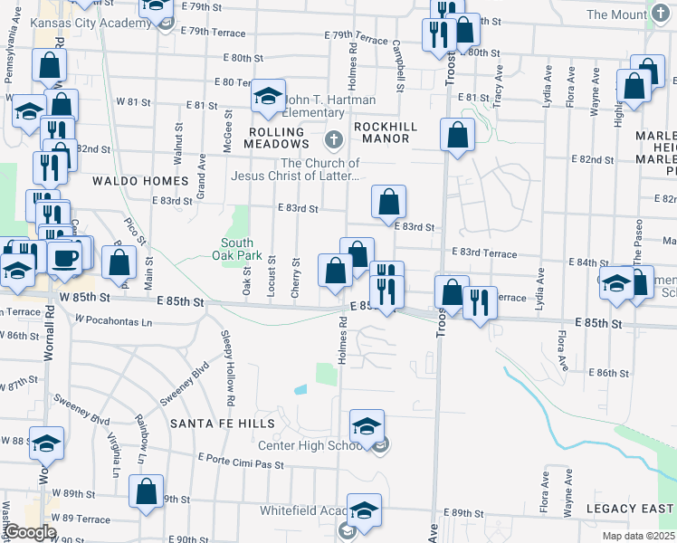 map of restaurants, bars, coffee shops, grocery stores, and more near 8342 Holmes Road in Kansas City
