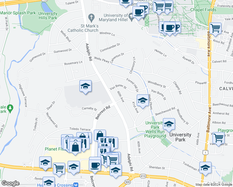 map of restaurants, bars, coffee shops, grocery stores, and more near 6908 40th Avenue in University Park