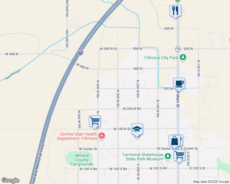 map of restaurants, bars, coffee shops, grocery stores, and more near 295 North 300 West Road in Fillmore