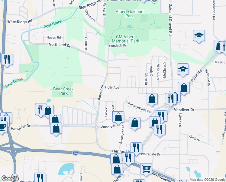 map of restaurants, bars, coffee shops, grocery stores, and more near 1901 Pennsylvania Drive in Columbia
