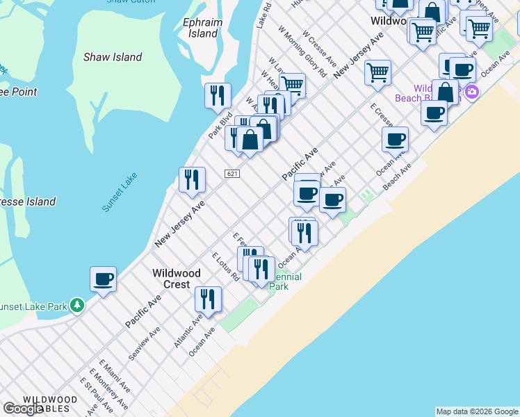 map of restaurants, bars, coffee shops, grocery stores, and more near in Wildwood Crest