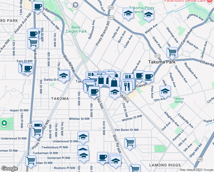 map of restaurants, bars, coffee shops, grocery stores, and more near 255 Carroll Street Northwest in Washington