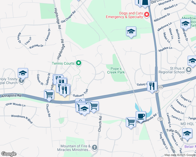 map of restaurants, bars, coffee shops, grocery stores, and more near 5908 Grenfell Loop in Bowie