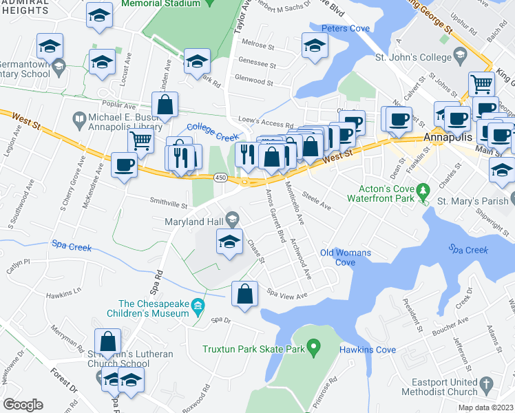 map of restaurants, bars, coffee shops, grocery stores, and more near 11 German Street in Annapolis