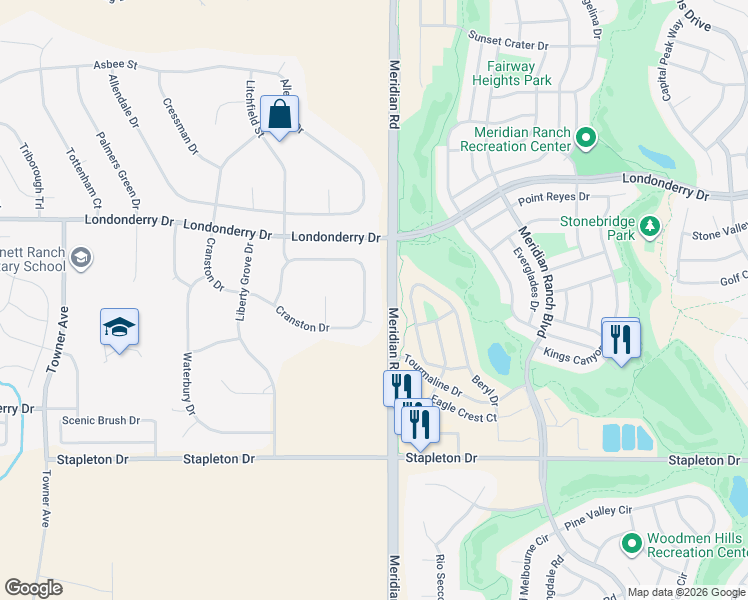 map of restaurants, bars, coffee shops, grocery stores, and more near 11541 Cranston Drive in Peyton