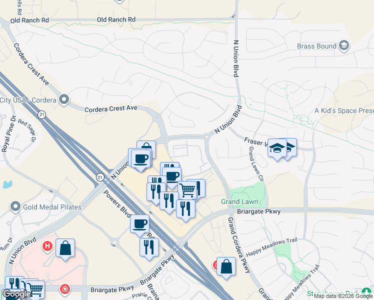 map of restaurants, bars, coffee shops, grocery stores, and more near 9855 Prominent Peak Heights in Colorado Springs