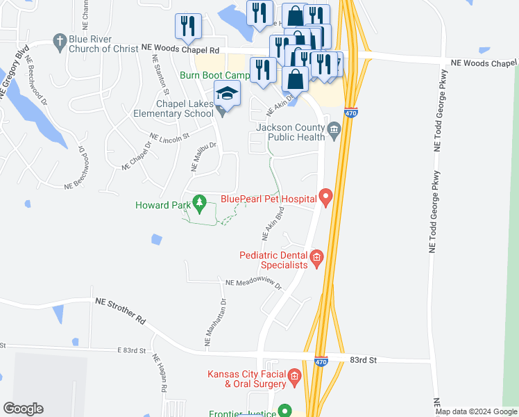 map of restaurants, bars, coffee shops, grocery stores, and more near 3440 Northeast Akin Boulevard in Lee's Summit