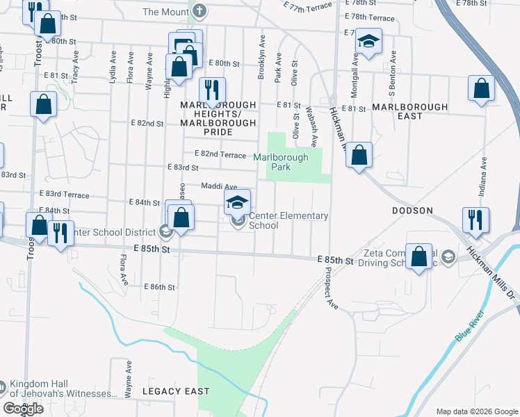 map of restaurants, bars, coffee shops, grocery stores, and more near 8401 Euclid Avenue in Kansas City