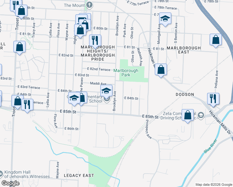 map of restaurants, bars, coffee shops, grocery stores, and more near 8401 Euclid Avenue in Kansas City