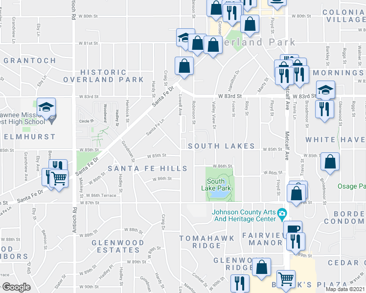 map of restaurants, bars, coffee shops, grocery stores, and more near 8515 Lowell Avenue in Overland Park