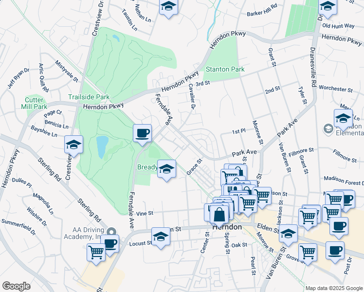 map of restaurants, bars, coffee shops, grocery stores, and more near 920 Barton Oaks Place in Herndon