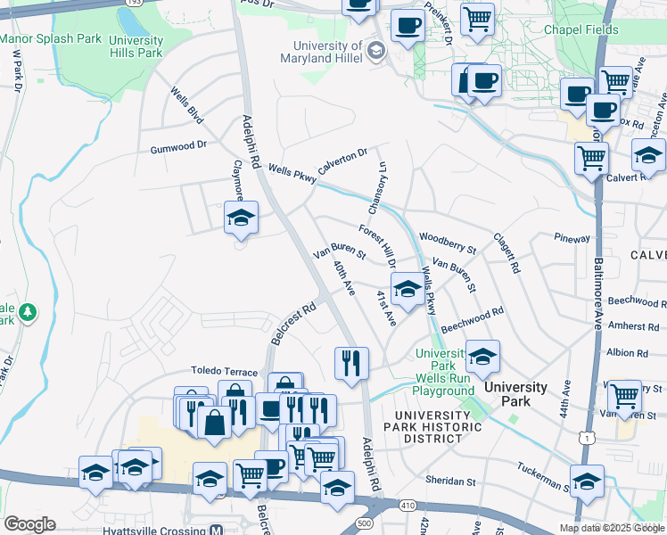 map of restaurants, bars, coffee shops, grocery stores, and more near 6908 40th Avenue in University Park