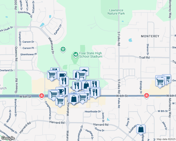 map of restaurants, bars, coffee shops, grocery stores, and more near 4700 Overland Drive in Lawrence