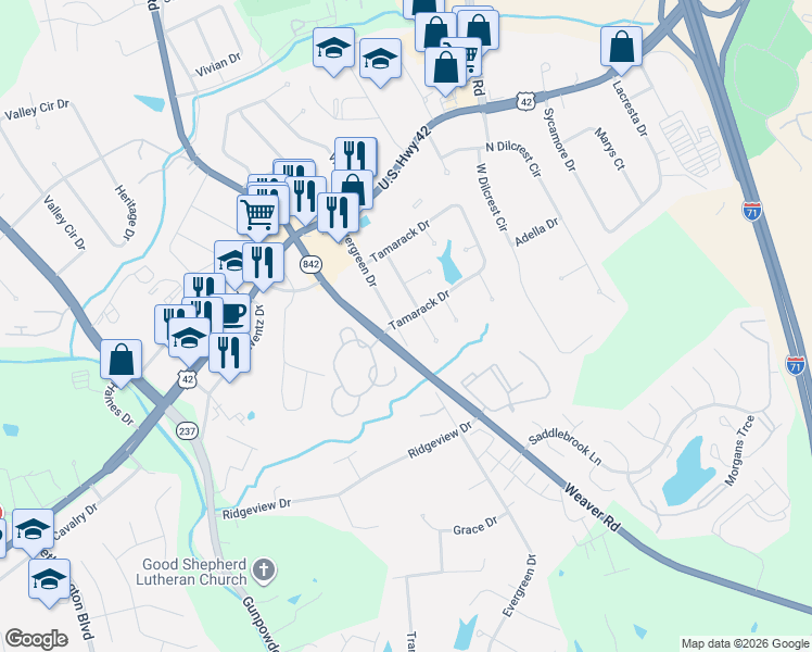 map of restaurants, bars, coffee shops, grocery stores, and more near 8592 North Evergreen Drive in Florence