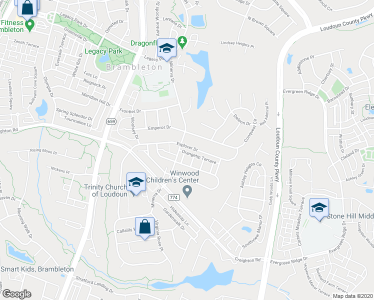 map of restaurants, bars, coffee shops, grocery stores, and more near 42719 Explorer Drive in Ashburn