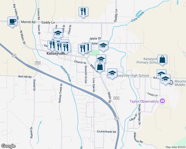 map of restaurants, bars, coffee shops, grocery stores, and more near 5455 Live Oak Drive in Kelseyville