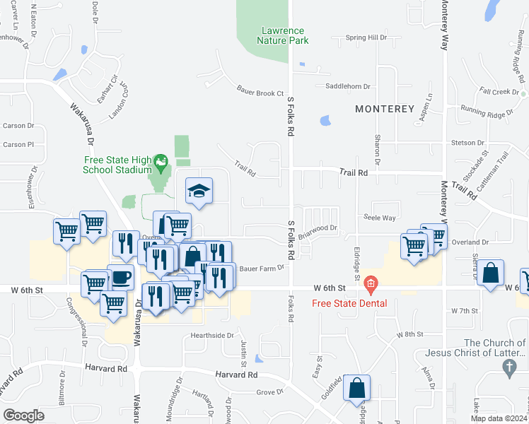map of restaurants, bars, coffee shops, grocery stores, and more near 4419 Freedom Creek Drive in Lawrence