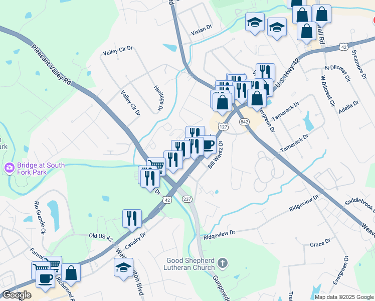 map of restaurants, bars, coffee shops, grocery stores, and more near Old Toll Road in Florence