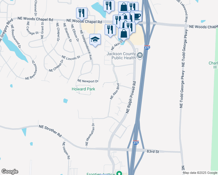 map of restaurants, bars, coffee shops, grocery stores, and more near 3440 Northeast Akin Boulevard in Lee's Summit