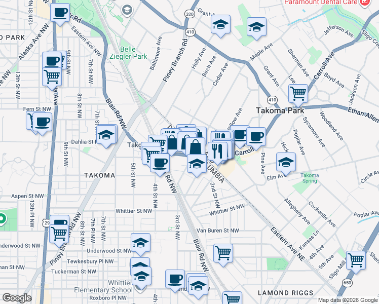 map of restaurants, bars, coffee shops, grocery stores, and more near 235 Carroll Street Northwest in Washington
