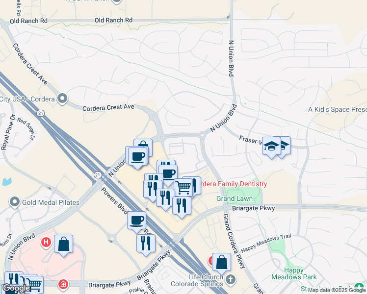 map of restaurants, bars, coffee shops, grocery stores, and more near 4610 Nautilus Peak View in Colorado Springs