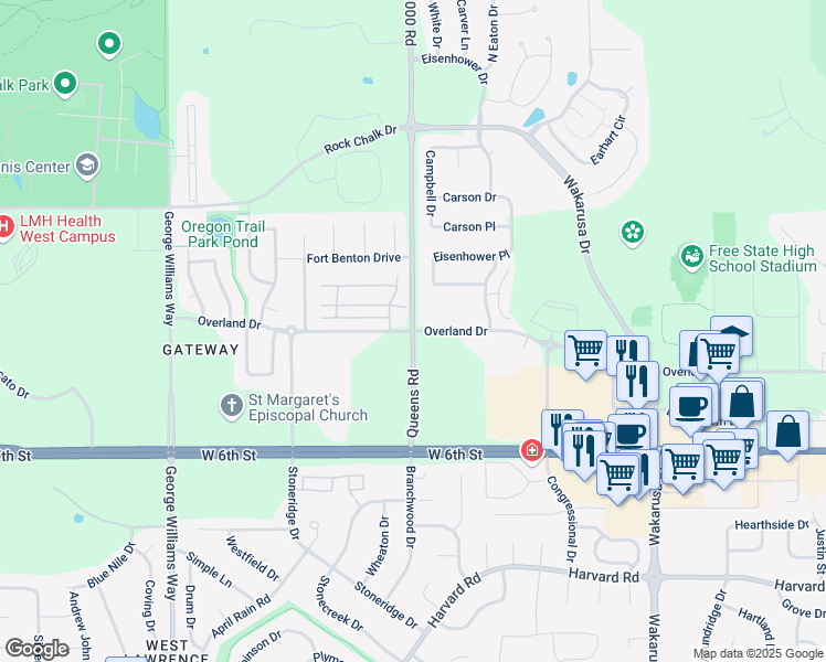 map of restaurants, bars, coffee shops, grocery stores, and more near 1624 Queens Road in Lawrence