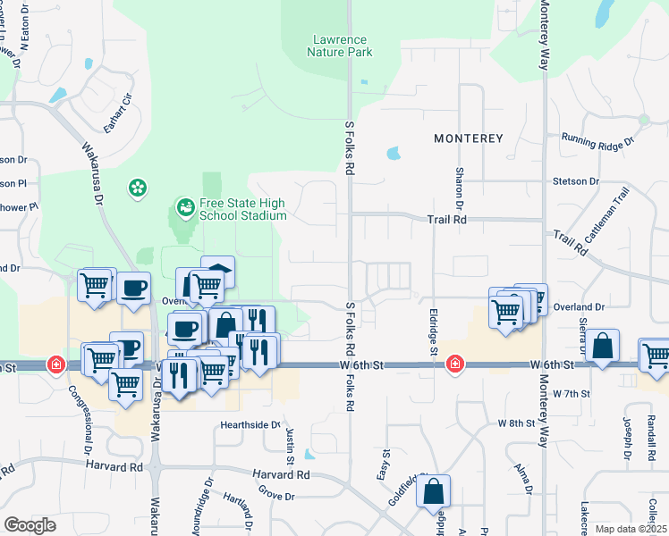 map of restaurants, bars, coffee shops, grocery stores, and more near 4500 Overland Drive in Lawrence