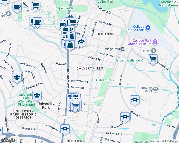 map of restaurants, bars, coffee shops, grocery stores, and more near 4615 Drexel Road in College Park