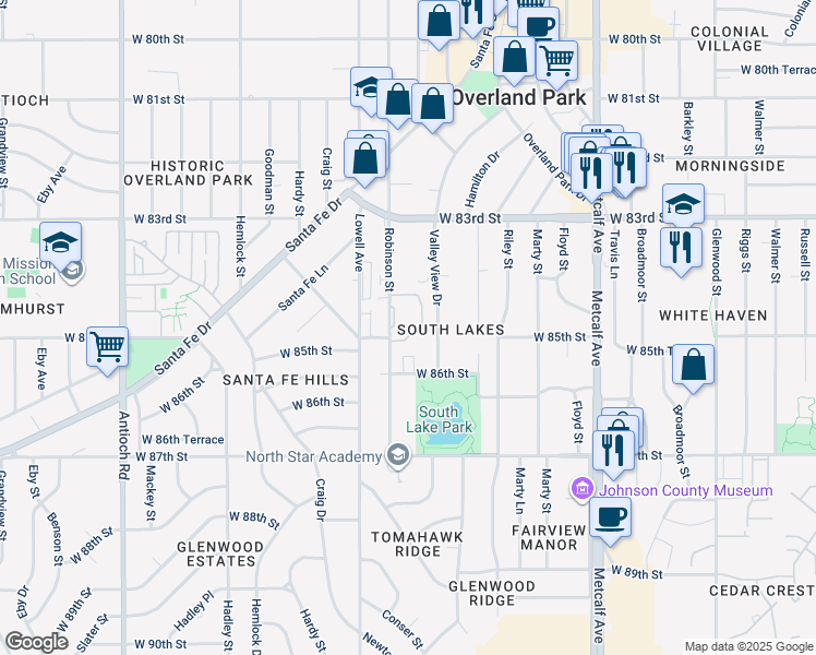 map of restaurants, bars, coffee shops, grocery stores, and more near 8509 Robinson Street in Overland Park