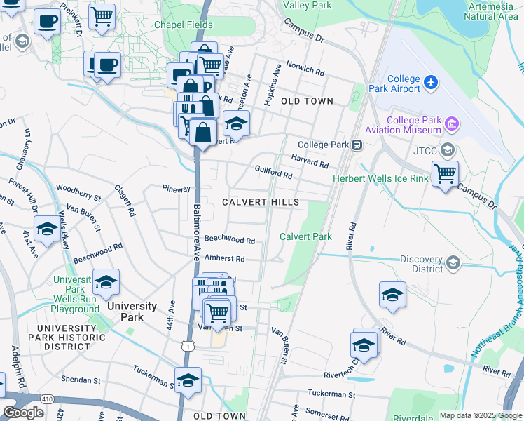 map of restaurants, bars, coffee shops, grocery stores, and more near 4615 Drexel Road in College Park