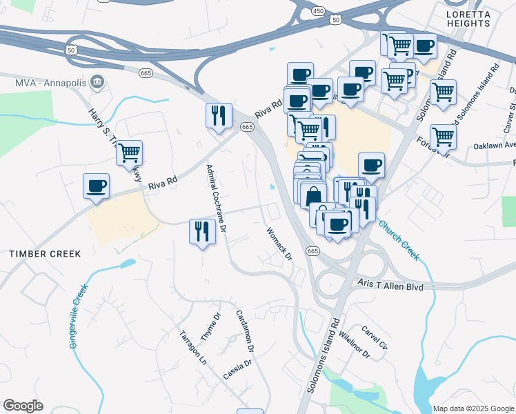 map of restaurants, bars, coffee shops, grocery stores, and more near 2 Womack Drive in Annapolis