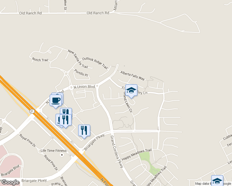 map of restaurants, bars, coffee shops, grocery stores, and more near 4849 Trinidad Lake Court in Colorado Springs