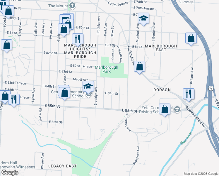map of restaurants, bars, coffee shops, grocery stores, and more near 8401 Olive Street in Kansas City
