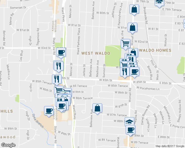 map of restaurants, bars, coffee shops, grocery stores, and more near 8437 Belleview Avenue in Kansas City