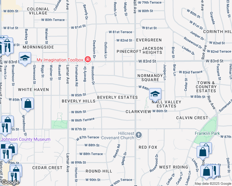 map of restaurants, bars, coffee shops, grocery stores, and more near 5700 West 85th Terrace in Overland Park