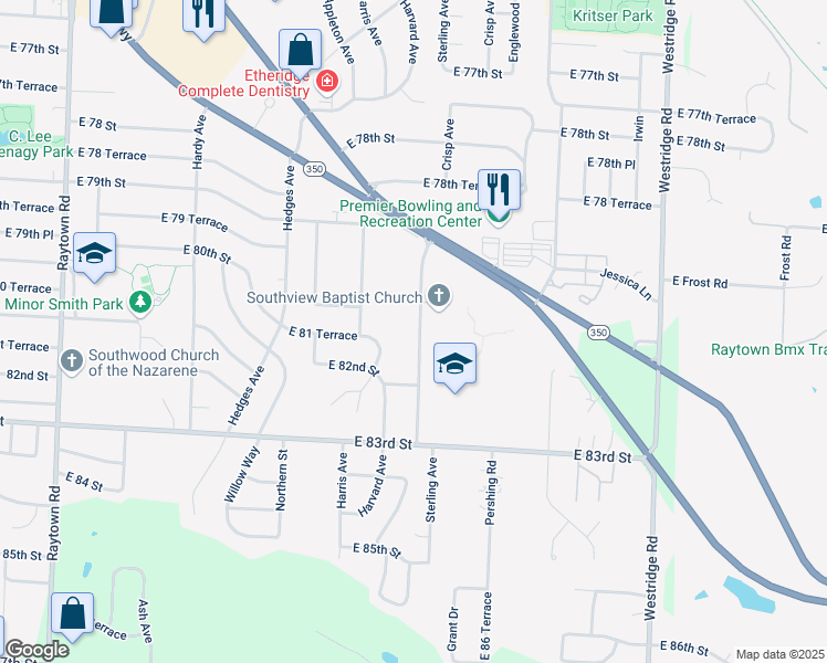 map of restaurants, bars, coffee shops, grocery stores, and more near 8114 Sterling Avenue in Raytown