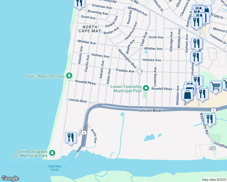 map of restaurants, bars, coffee shops, grocery stores, and more near 710 Caspian Avenue in North Cape May