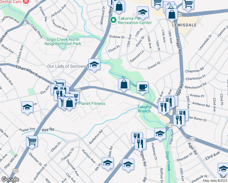 map of restaurants, bars, coffee shops, grocery stores, and more near East West Highway & Linden Avenue in Chillum