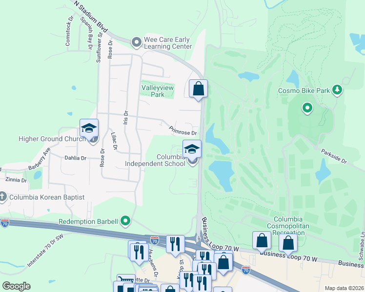 map of restaurants, bars, coffee shops, grocery stores, and more near Timber Creek Drive in Columbia
