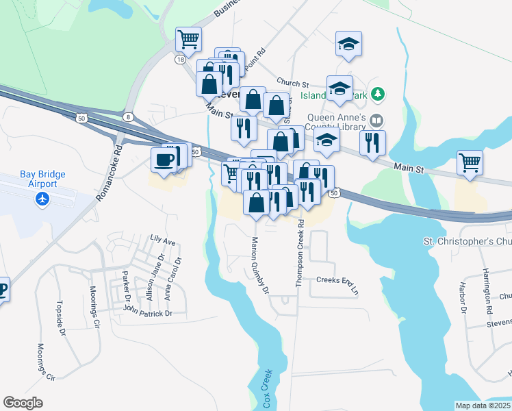 map of restaurants, bars, coffee shops, grocery stores, and more near 410 Thompson Creek Mall in Stevensville